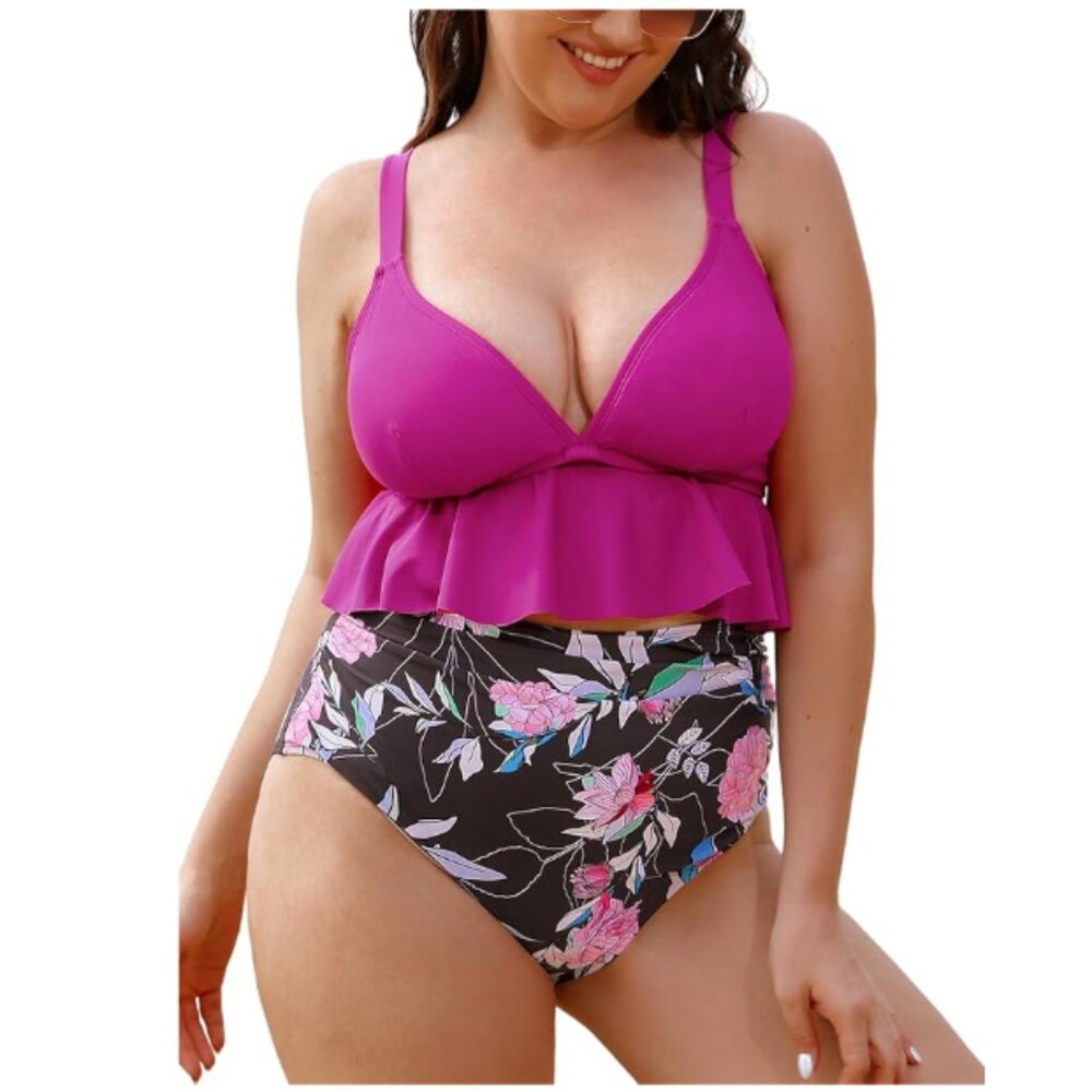 Cupshe Plus Size Bikini Set V Neck/High Waisted Flowy Floral Ruffle Hem 1x NWT